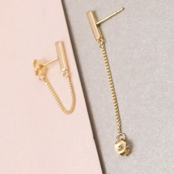 14k Gold/ Sterling Silver Cuban Chain Bar Earrings - Picture 8 of 15